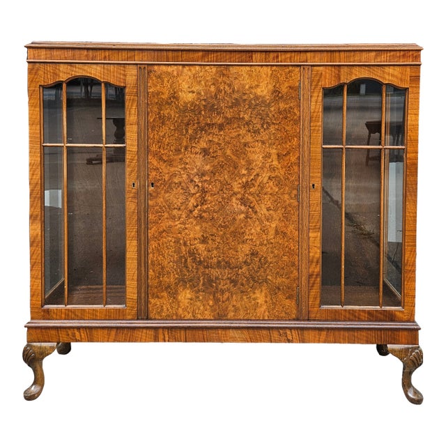 Vintage British Burlwood & Glass Display Cabinet — Queen Anne Revival, C. 1930s For Sale