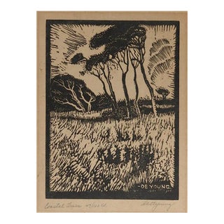 Vintage Harry Anthony DeYoung Coastal Trees Woodcut Print For Sale