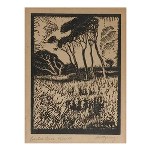 Vintage Harry Anthony DeYoung Coastal Trees Woodcut Print