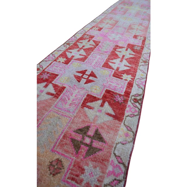 Vibrant Turkish Runner 2x12 Long Narrow Rug Vintage Pink Hallway Oriental Carpet For Sale - Image 10 of 15
