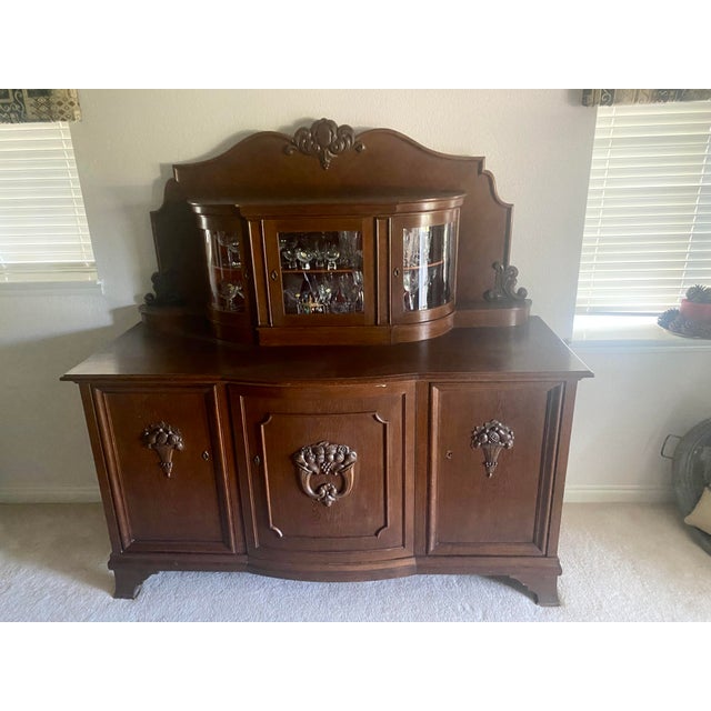 Vintage Large Black Forest Style Carved Oak Old European German Buffet/Sideboard With Unique Curved Glass Display For Sale - Image 18 of 18