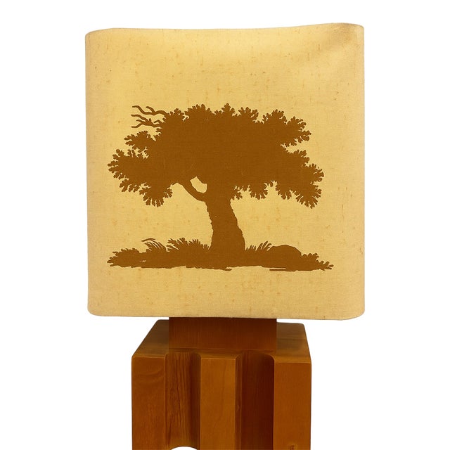 Mid 20th Century Mid-Century French, "Regain" Solid Oak Lamp With Tree Silhouette Shade For Sale