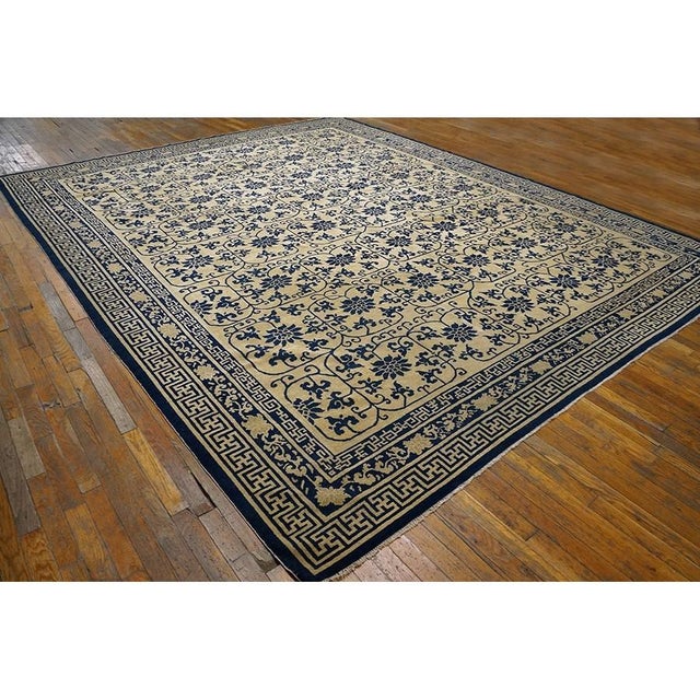 1890s Ivory Background Geometric Blue Floral Design Antique Chinese Peking Rug For Sale In New York - Image 6 of 8
