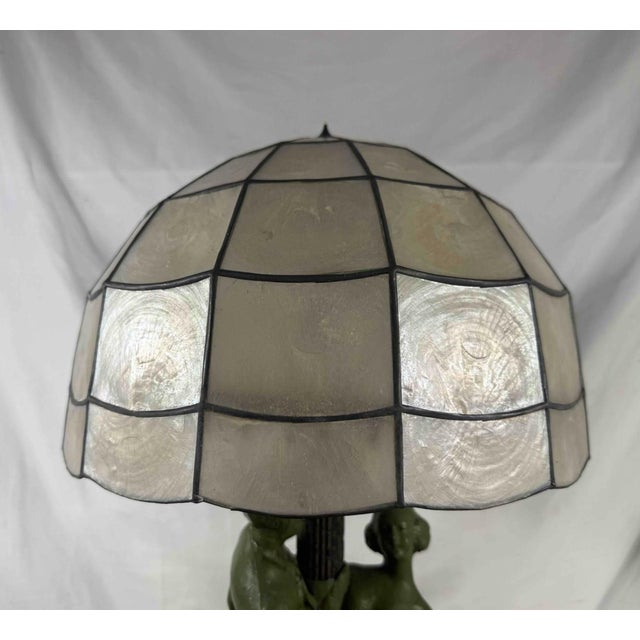 1920s Art Deco Figural Re-Circulating Fountain Lamp - Working Verdigris Spelter Sculpture & Iridescent Natural Capiz Shell Dome Shade For Sale - Image 6 of 14