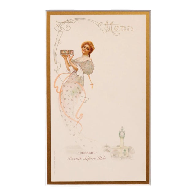 1900 Original French Advertising Menu (Woman Red Hair Braid, Mucha Box) Matted For Sale