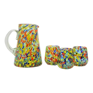Hand Blown Multicolor Murano Style Art Glass Jug Pitcher and Glasses