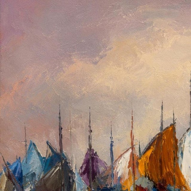 Painting - Jusa (20th century) - Boats (signed). Boats; acrylic on canvas. Signed. Dimensions: 55 cm x 46 cm.