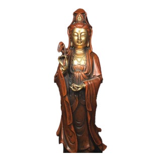 Vintage Gilded Bronze Standing Guanyin Bodhisattva on Lotus Base For Sale