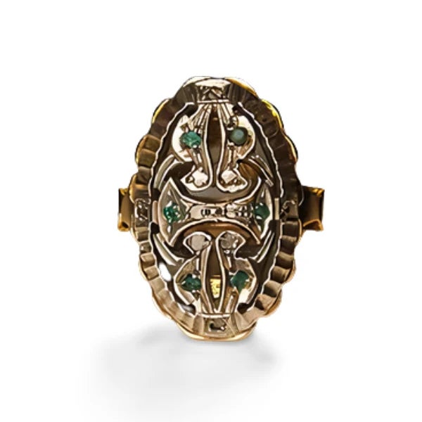 Exquisite 14K pink gold ring with 10 rose-cut diamonds and 6 natural emeralds. Filigree design measures 1 1/8" Long × 3/4"...