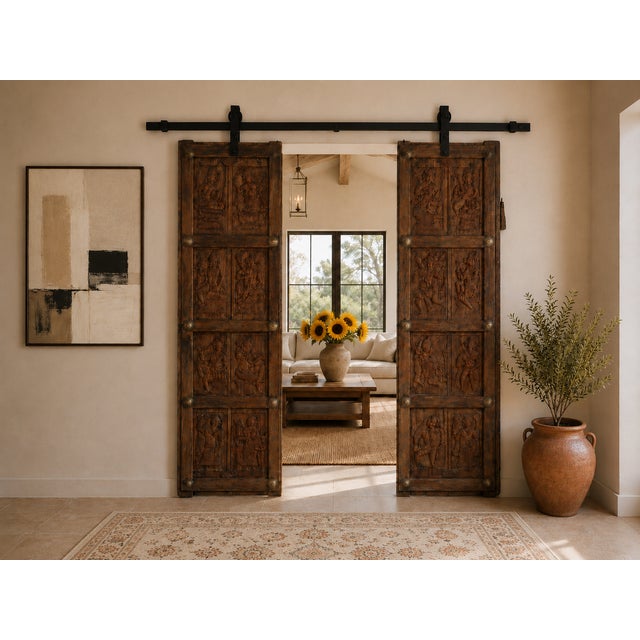 Antique Indian Carved Teakwood and Brass "Folk Art" Door, c. 1880, the 4 panels on each door (it opens in the middle)with...