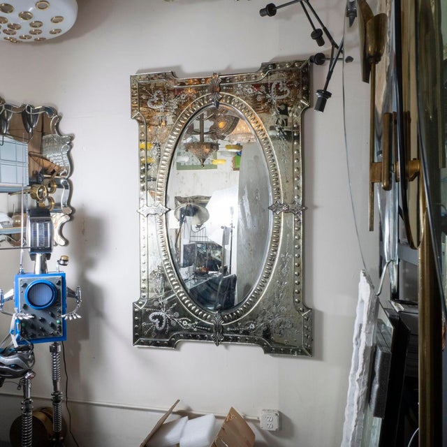 Glass Etched and scalloped glass Venetian mirror For Sale - Image 7 of 13