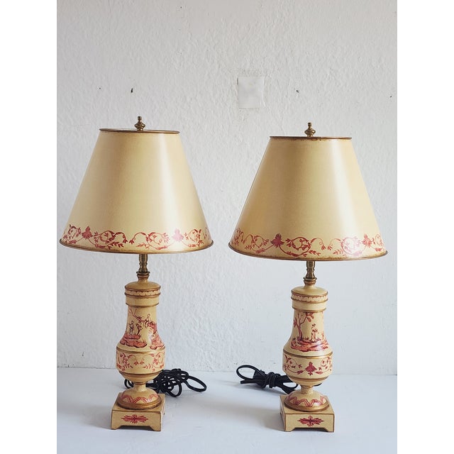 Vintage J.A. Collection Int'l Inc tole painted Chinoiserie style table lamps on pedestal with tole painted matching...