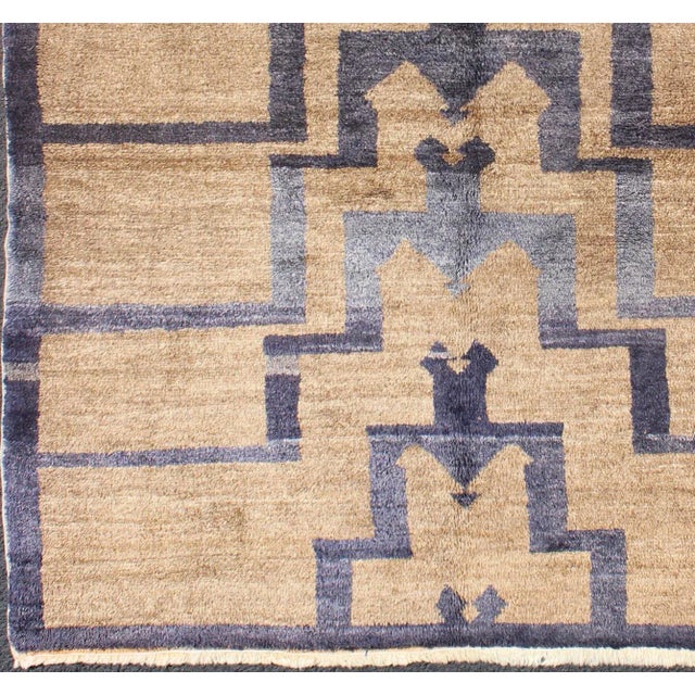 Mid 20th Century Square Mid-Century Modern Turkish Tulu With Tribal Pattern in Blue and Tan Rug For Sale - Image 9 of 13