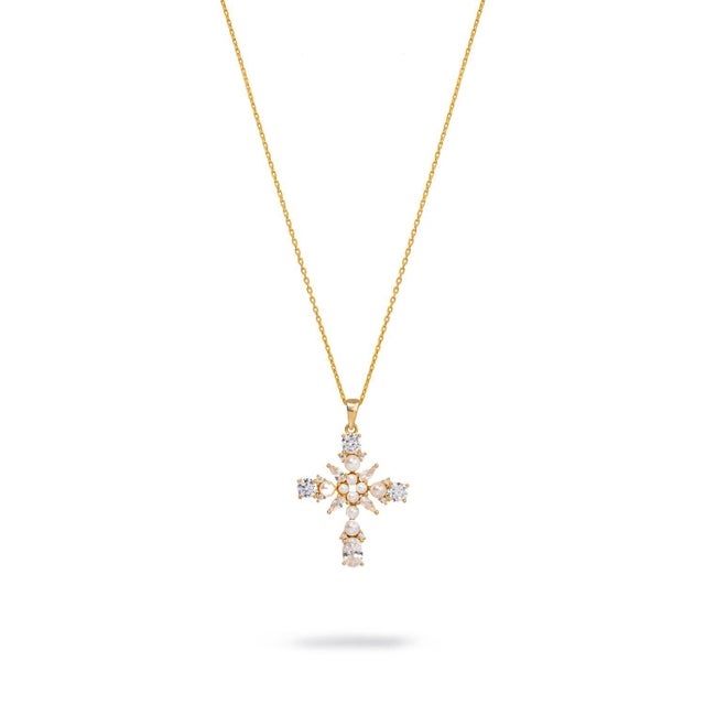 Contemporary Divine Pearl & Diamond Cross Gold Chain Necklace For Sale - Image 3 of 10