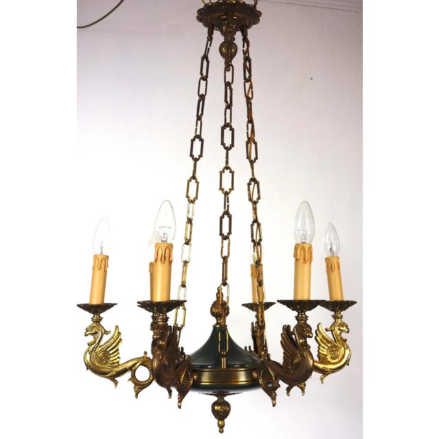 Traditional French Empire Brass Swan Chandelier from Unbekannt, 1940s For Sale - Image 3 of 15