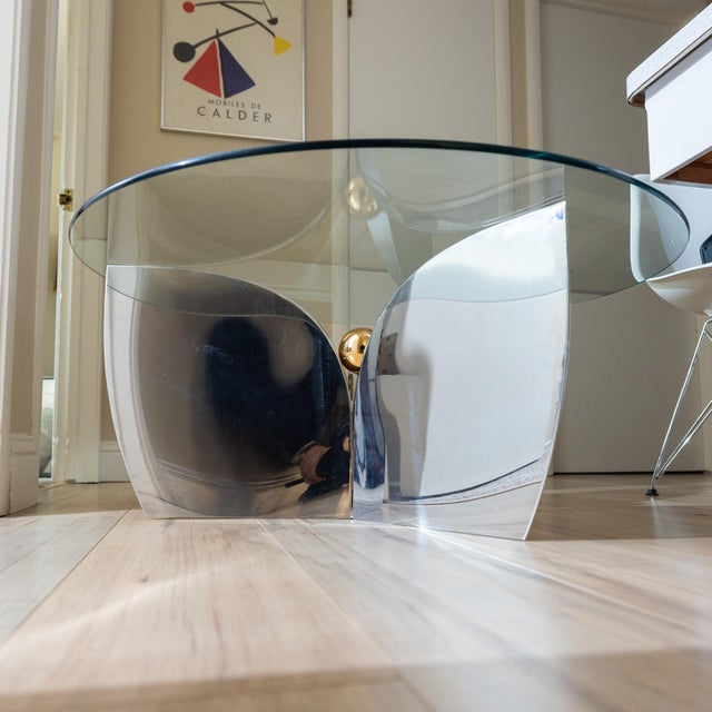 1970s 1970s Tripartite Polished Stainless Steel and Gilt-Metal Cocktail Table For Sale - Image 5 of 15