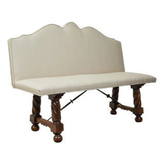 Italian 19th Century Walnut Upholstered Bench with Twisted Base, Iron Stretcher For Sale