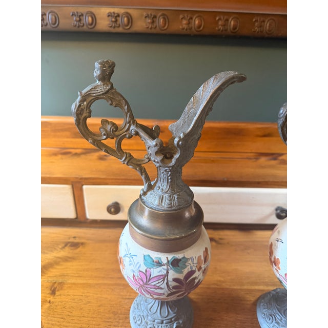 Late 19th Century Statement Antique Victorian Spelter & Hand-Painted Ceramic Mantel Ewers - A Pair For Sale - Image 5 of 17