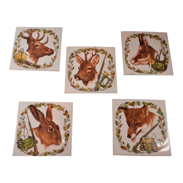 Vintage Mid 20th Century Set of 5 Hand Painted Game Motif Kitchen Tiles Stag Roe Deer Ibex Fox Rabbit or Hare For Sale