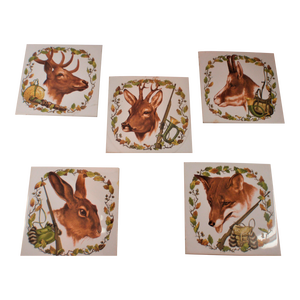 Vintage Mid 20th Century Set of 5 Hand Painted Game Motif Kitchen Tiles Stag Roe Deer Ibex Fox Rabbit or Hare