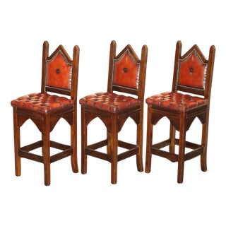 Gothic Brown Leather Chesterfield Kitchen Bar Stools, Set of 3 For Sale