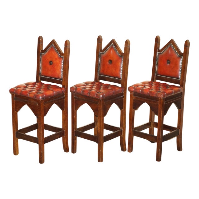 Gothic Brown Leather Chesterfield Kitchen Bar Stools, Set of 3 For Sale