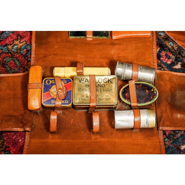 Brown Stately English Antique Leather Suede Case With Tins Home Decor Prop For Sale - Image 8 of 16