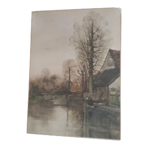 Late 19th Century Antique Chas.Gruppe Figure at Pond Landscape Painting