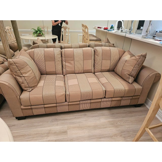 Swaim Furniture Franklin style sofa and love seat in matching fabric. In excellent like new condition with four matching...