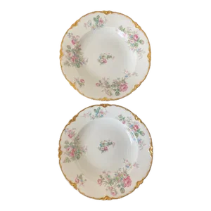 Early 20th Century French Pink Roses Floral Porcelain Appetizer Plates by Haviland- Set of 2