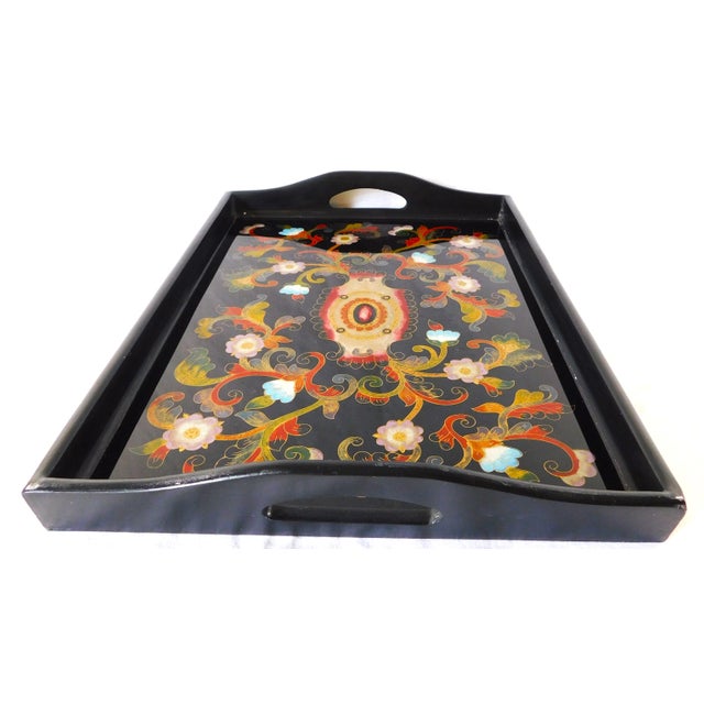 Vintage Hand Painted Black Lacquer Floral Wood Serving Tray With Handles For Sale In West Palm - Image 6 of 10