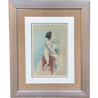 J. Salmony, Young Naked Woman and Rose Bush, Watercolor For Sale