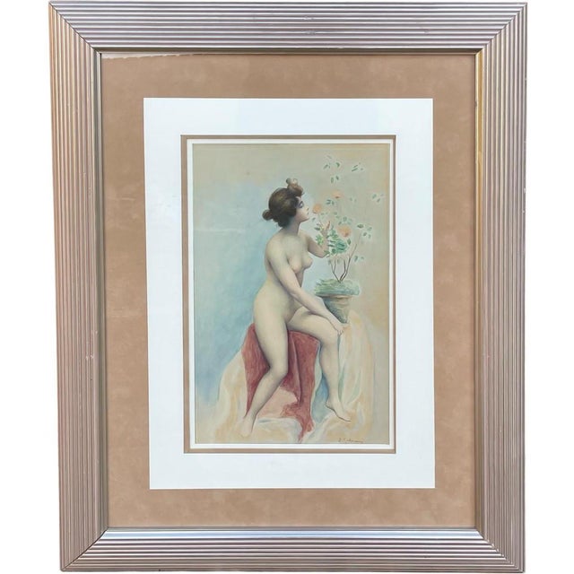 J. Salmony, Young Naked Woman and Rose Bush, Watercolor For Sale