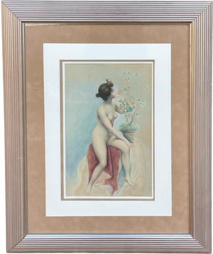 J. Salmony, Young Naked Woman and Rose Bush, Watercolor