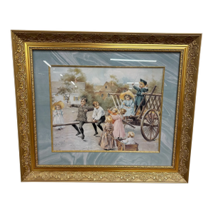 Antique Late 19th Century Chromolithograph Print “A Day in the Country