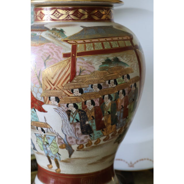 Antique Meiji Japanese Satsuma Procession Jar Lamp by Jukō For Sale - Image 4 of 18