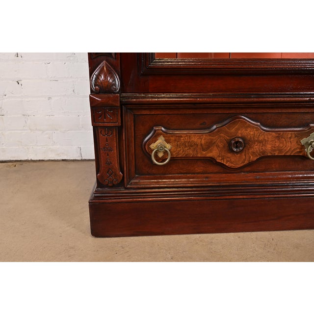 Brown Herter Brothers Style Antique Eastlake Victorian Carved Mahogany and Burl Wood Bookcase Cabinet, Circa 1880s For Sale - Image 8 of 14