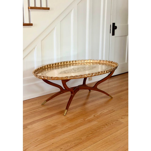 1960s Mid-Century Etched Brass & Wood Oval Tray Coffee Table For Sale - Image 4 of 10