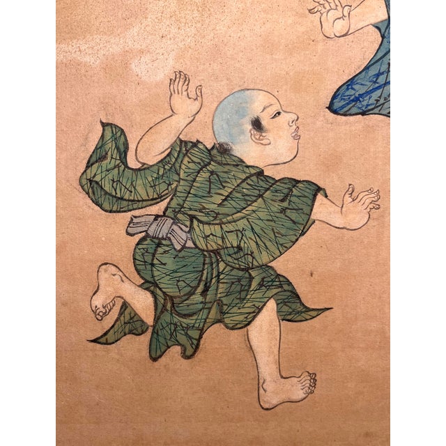 1900 - 1909 Antique Japanese Painting on Paper Children at Play Silk Trim 31” X 22.5” For Sale - Image 5 of 10