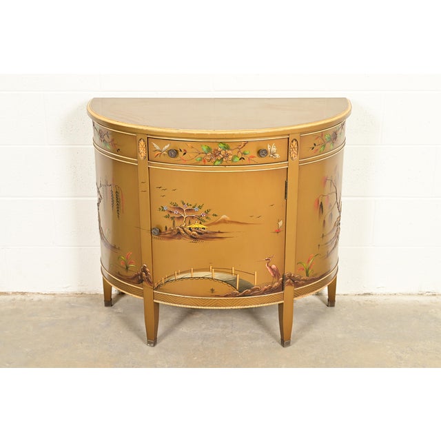 Imperial Furniture Regency Chinoiserie Gold Lacquered Hand Painted Demilune Console or Bar Cabinet, Circa 1940s For Sale - Image 14 of 14