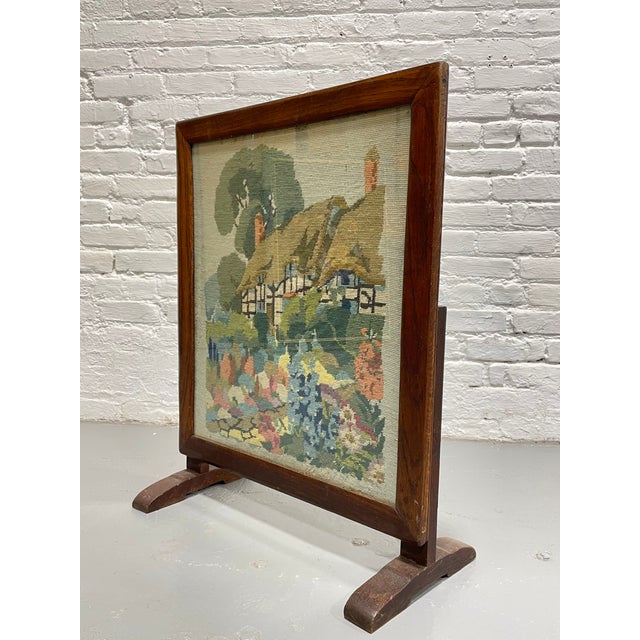 Wood Antique Needlepoint Fires Screen With Cottage Garden Scene, Wood Framed Hearth Screen, C. 1920s–1940s For Sale - Image 7 of 11