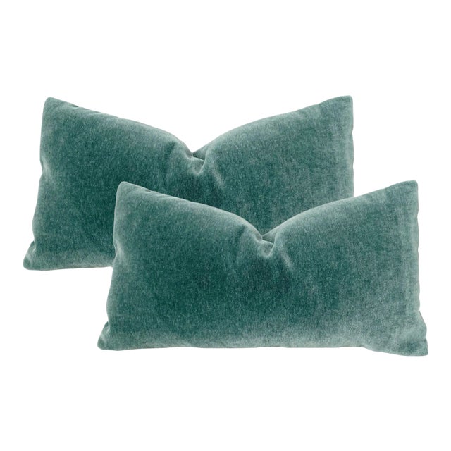 Genuine Teal Mohair Lumbar 12" X 22" Pillows - a Pair For Sale