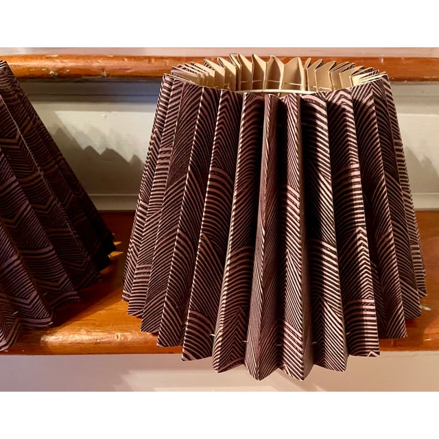 Vintage Mid-Century Custom Paper Accordion Lamp Shades With Purple Geometric Design - A Pair For Sale In New York - Image 6 of 10