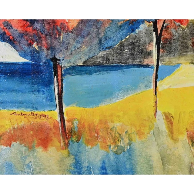 Landscape is an original contemporary artwork realized in 1975. Mixed colored oil on panel. Hand signed "Antonello" and...