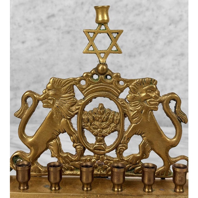 Metal Share Vintage Traditional Brass Lions of Judah Hanukkah Menorah For Sale - Image 7 of 8
