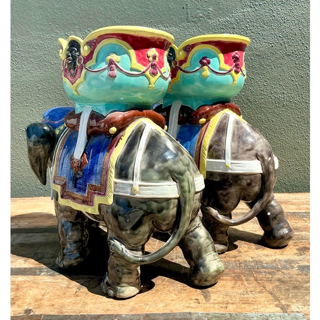 Vintage Glazed Ceramic Polychromed Elephants - A Pair For Sale - Image 4 of 12