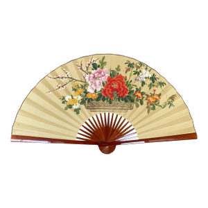 Large Vintage Japanese Decorative Fan, Hand-Painted, Lacquered Wood