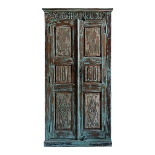 1920s Antique Blue Rustic Carved Tall Teak Armoire, 84 For Sale