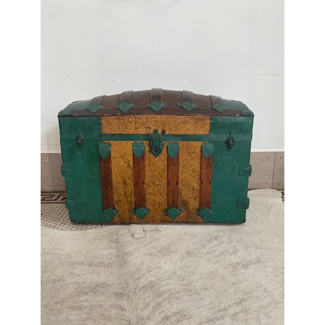 Traditional Large Antique Victorian Oak Banded Dome Top Steamer Trunk Chest, Maier For Sale - Image 3 of 16