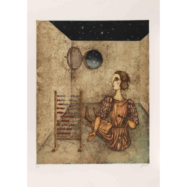 Color etching and aquatint on paper. A refined and imaginative composition by Enrico Benaglia, characterized by the...